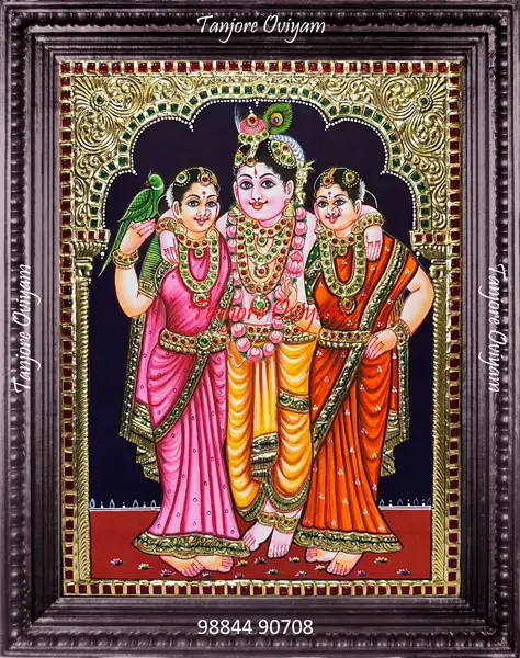 Bhama Rukumani Tanjore painting Krishna with Rukmini Satyabhama gold foil traditional artwork